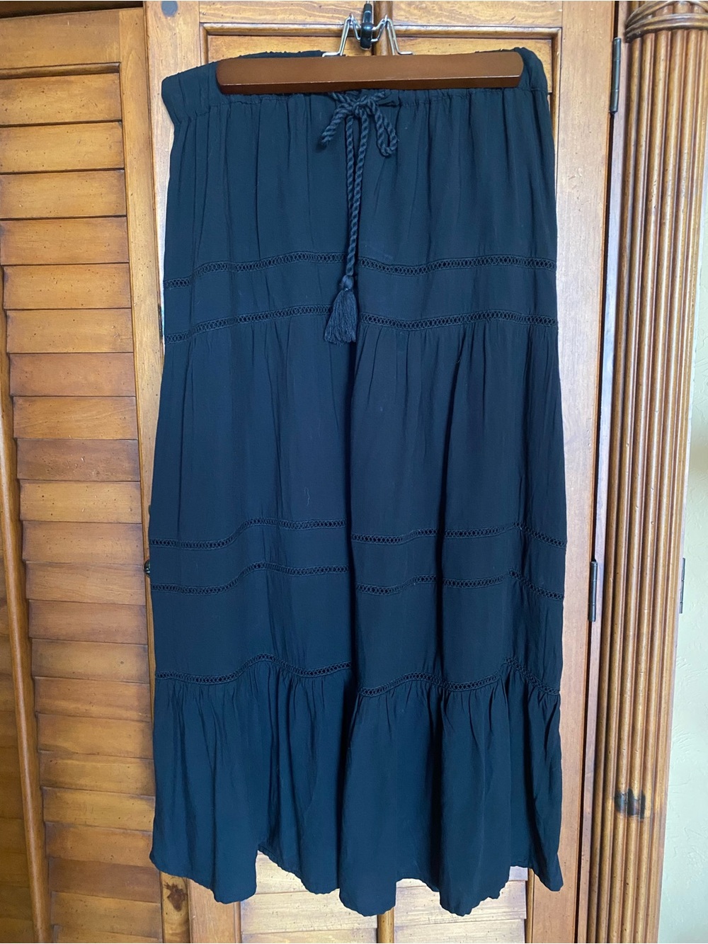 Women’s Black Tiered Maxi Skirt with Drawstring Waist